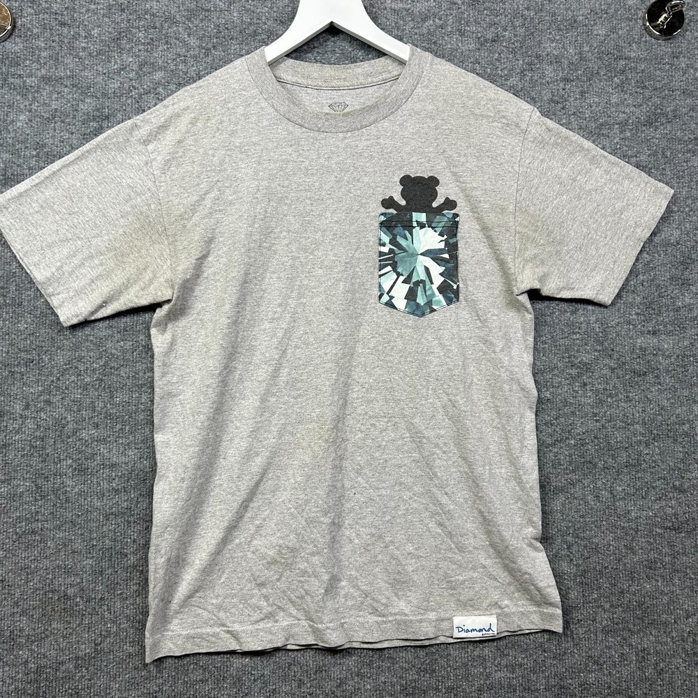 Diamond Supply Co. Grizzly T-Shirt Mens Heather Gray Graphic Pocket USA Made - M